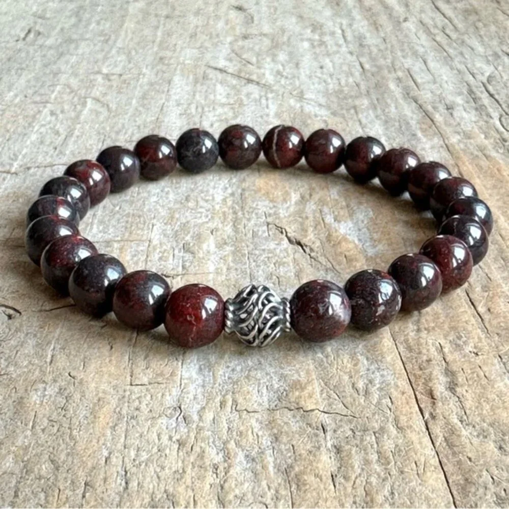 Burgundy Jasper Gemstone Bracelet Sterling Silver Accent Bead Unisex - 8mm Beads